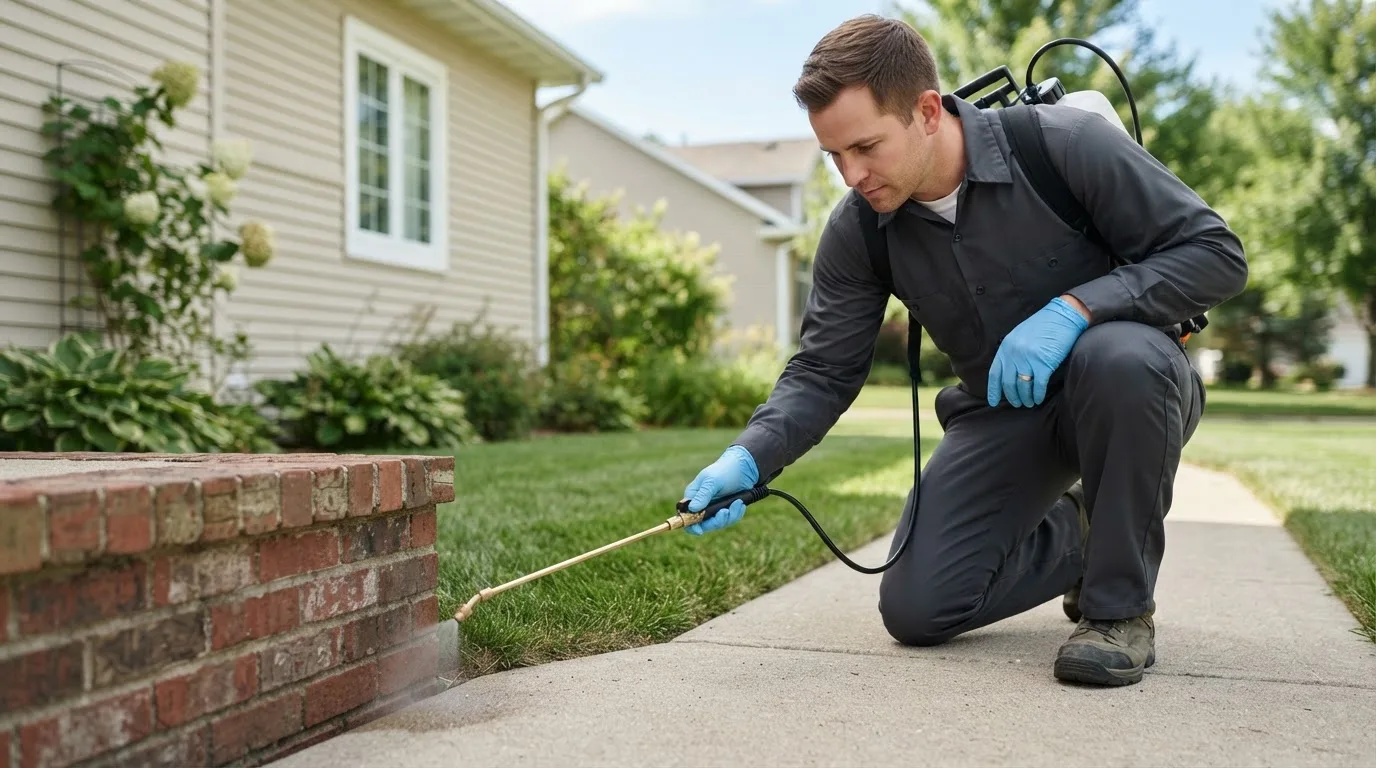 Pest control technician treating a home near Duluth, MN